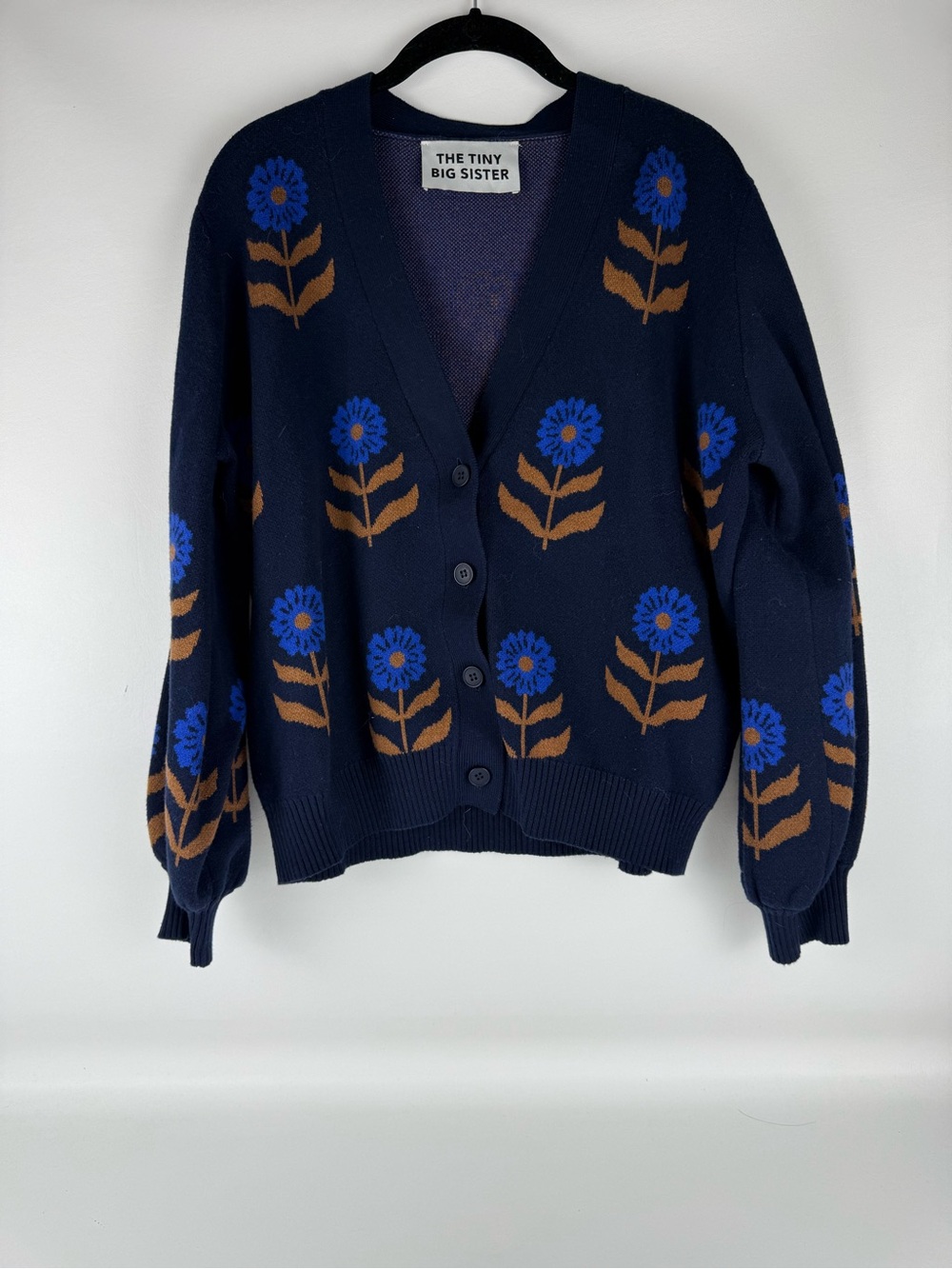 THE TINY BIG SISTER Floral Knit Cardigan Sweater Navy Blue Size 40 US M